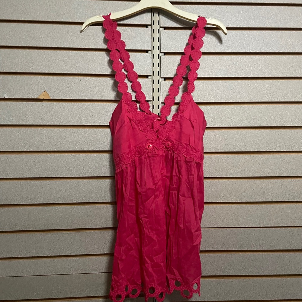 Moda International VS Pink Cotton Smocked Tank Top Lace Trim Button Accents SZ L